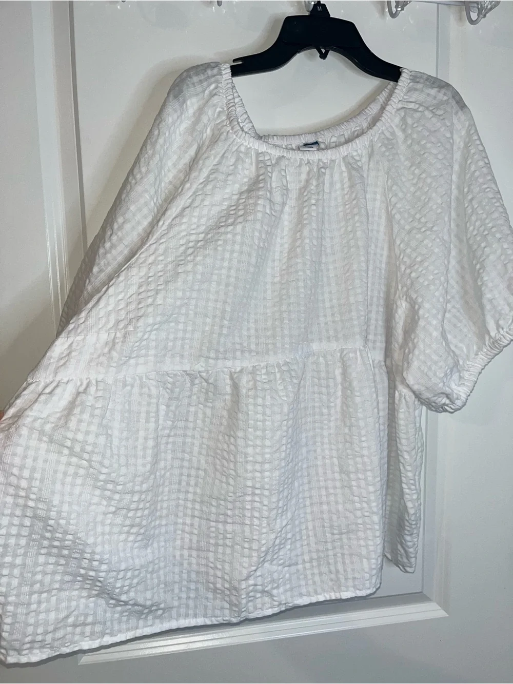 Old Navy Puff-Sleeve Seersucker Babydoll Swing Blouse Square Neck Elastic Sz XXL